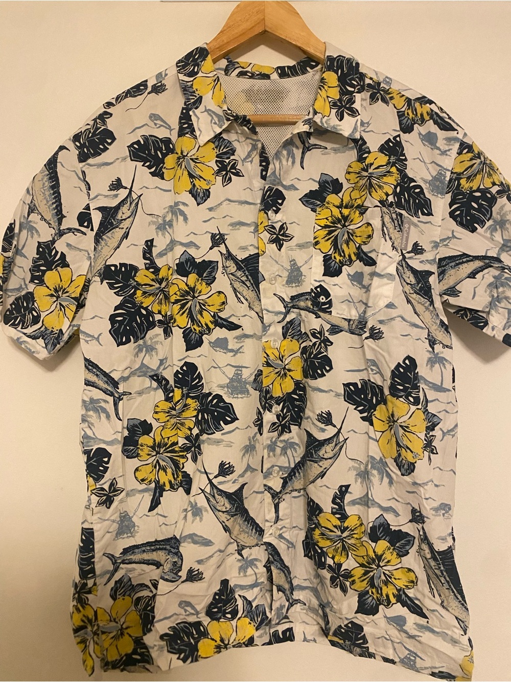 Columbia Floral Hawaiian PFG Button-Up Shirt - Yellow & Navy